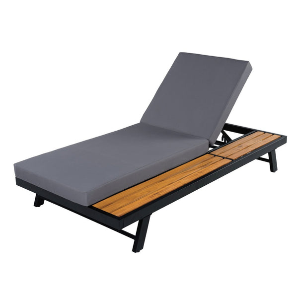 English Elm Black Iron and Teak Acacia Outdoor Chaise Lounge with Thick Cushion for Patio Pool N770P469100B_65429.00CUSHDGRY
