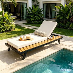 English Elm Black Iron Acacia Wood Outdoor Chaise Lounge with Cushion Adjustable Backrest Patio N770P469100B_65429.00CUSH