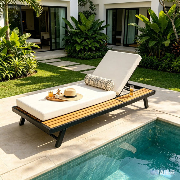 English Elm Black Iron Acacia Wood Outdoor Chaise Lounge with Cushion Adjustable Backrest Patio N770P469100B_65429.00CUSH