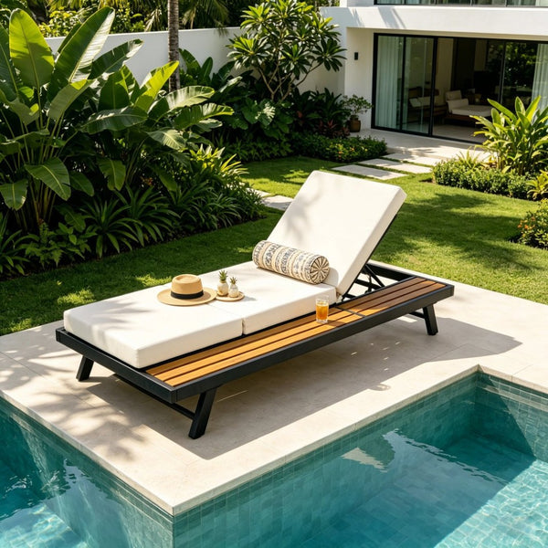 English Elm Black Iron Acacia Wood Outdoor Chaise Lounge with Cushion Adjustable Poolside Recliner N770P469100B_N770P208317C