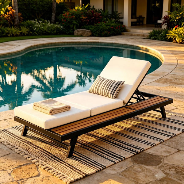 English Elm Black Iron Acacia Wood Outdoor Chaise Lounge with Cushion Adjustable Poolside Recliner N770P469100B_N770P208317C