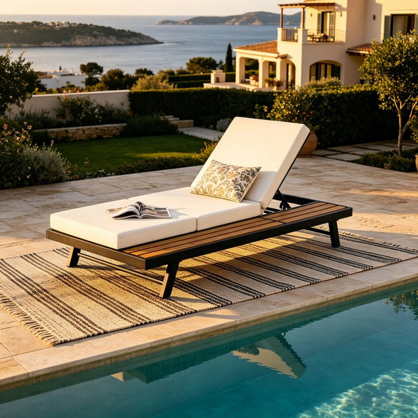 English Elm Black Iron Acacia Wood Outdoor Chaise Lounge with Cushion Adjustable Poolside Recliner N770P469100B_N770P208317C