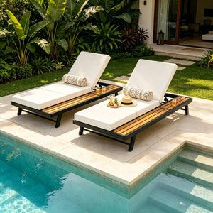 English Elm Black Iron Acacia Wood Outdoor Chaise Lounge with Cushion Adjustable Poolside Recliner N770P469100B_N770P208317C