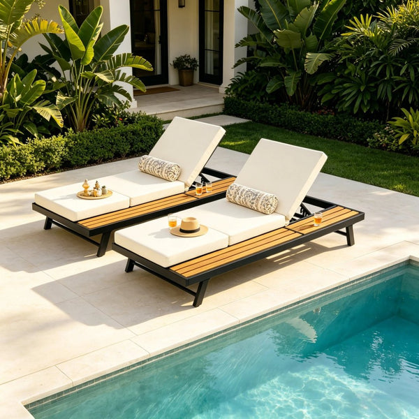 English Elm Black Iron Acacia Wood Outdoor Chaise Lounge with Cushion Adjustable Poolside Recliner N770P469100B_N770P208317C