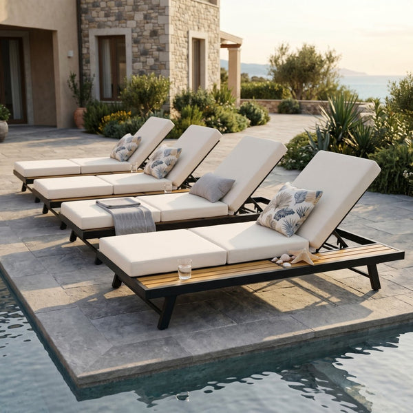 English Elm Black Iron Acacia Wood Outdoor Chaise Lounge with Cushion Adjustable Poolside Recliner N770P469100B_N770P208317C