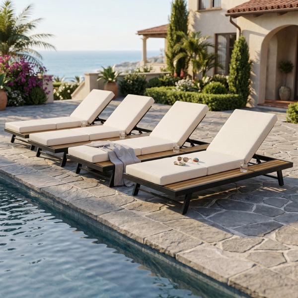 English Elm Black Iron Acacia Wood Outdoor Chaise Lounge with Cushion Adjustable Poolside Recliner N770P469100B_N770P208317C