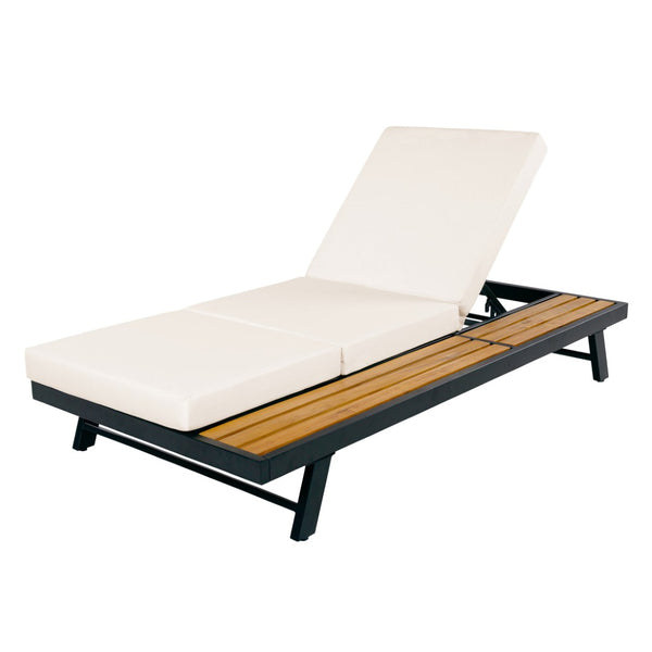 English Elm Black Iron Acacia Wood Outdoor Chaise Lounge with Cushion Adjustable Poolside Recliner N770P469100B_N770P208317C