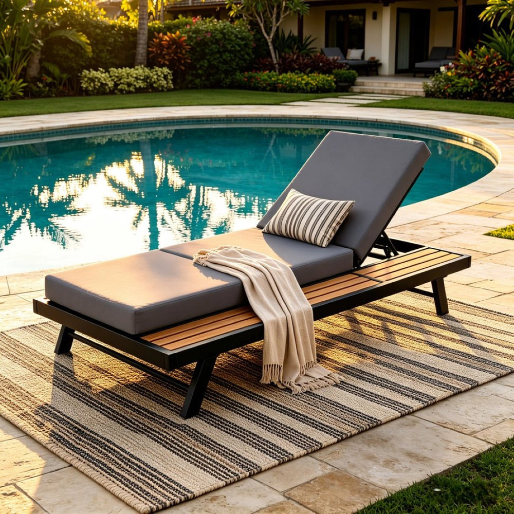 English Elm Black Iron Acacia Teak Outdoor Chaise Lounge Set with Thick Cushion for Patio Poolside N770P469100B_N770P208326G