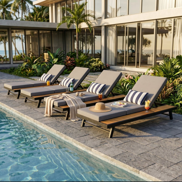 English Elm Black Iron Acacia Teak Outdoor Chaise Lounge Set with Thick Cushion for Patio Poolside N770P469100B_N770P208326G
