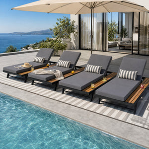 English Elm Black Iron Acacia Teak Outdoor Chaise Lounge Set with Thick Cushion for Patio Poolside N770P469100B_N770P208326G