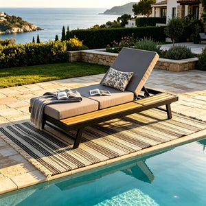 English Elm Black Iron Acacia Teak Outdoor Chaise Lounge Set with Thick Cushion for Patio Poolside N770P469100B_N770P208326G