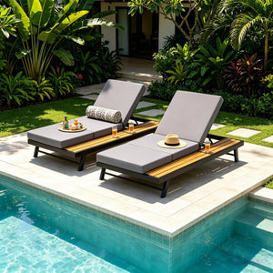 English Elm Black Iron Acacia Teak Outdoor Chaise Lounge Set with Thick Cushion for Patio Poolside N770P469100B_N770P208326G