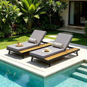 English Elm Black Iron Acacia Teak Outdoor Chaise Lounge Set with Thick Cushion for Patio Poolside N770P469100B_N770P208326G