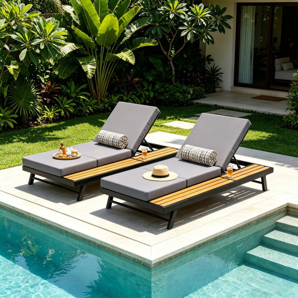 English Elm Black Iron Acacia Teak Outdoor Chaise Lounge Set with Thick Cushion for Patio Poolside N770P469100B_N770P208326G
