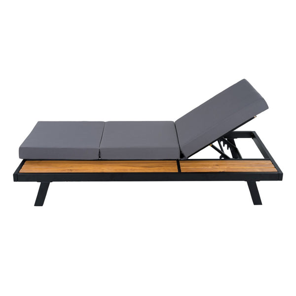 English Elm Black Iron Acacia Teak Outdoor Chaise Lounge Set with Thick Cushion for Patio Poolside N770P469100B_N770P208326G