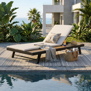 English Elm Black Iron Teak Acacia Outdoor Chaise Lounge with Adjustable Backrest for Poolside Patios Cream Cushion N770P469100B_N770P253018C