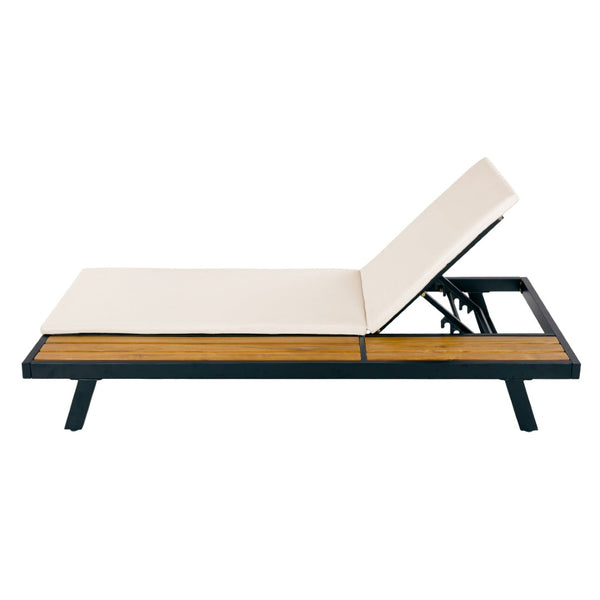English Elm Black Iron Teak Acacia Outdoor Chaise Lounge with Adjustable Backrest for Poolside Patios Cream Cushion N770P469100B_N770P253018C