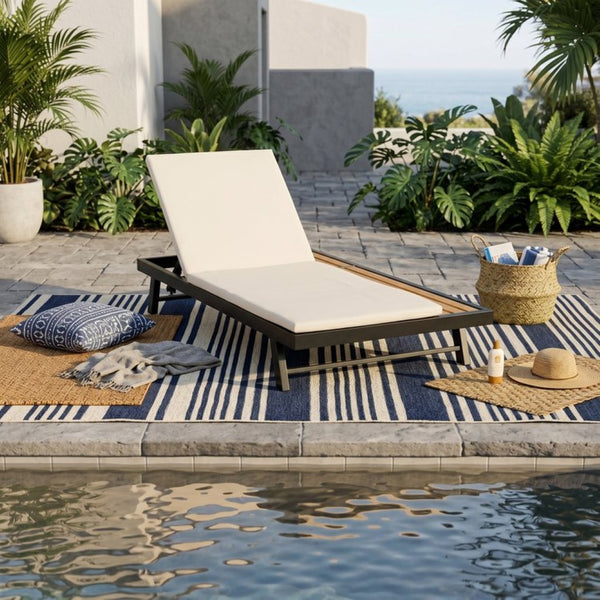 English Elm Black Iron Teak Acacia Outdoor Chaise Lounge with Adjustable Backrest for Poolside Patios Cream Cushion N770P469100B_N770P253018C