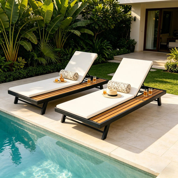 English Elm Black Iron Teak Acacia Outdoor Chaise Lounge with Adjustable Backrest for Poolside Patios Cream Cushion N770P469100B_N770P253018C