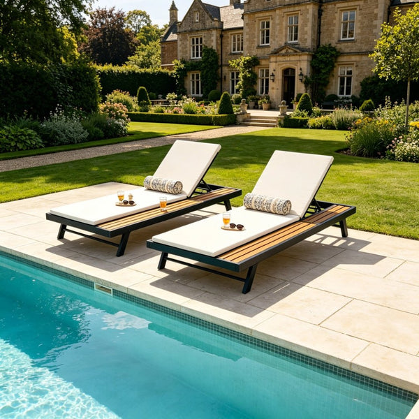 English Elm Black Iron Teak Acacia Outdoor Chaise Lounge with Adjustable Backrest for Poolside Patios Cream Cushion N770P469100B_N770P253018C