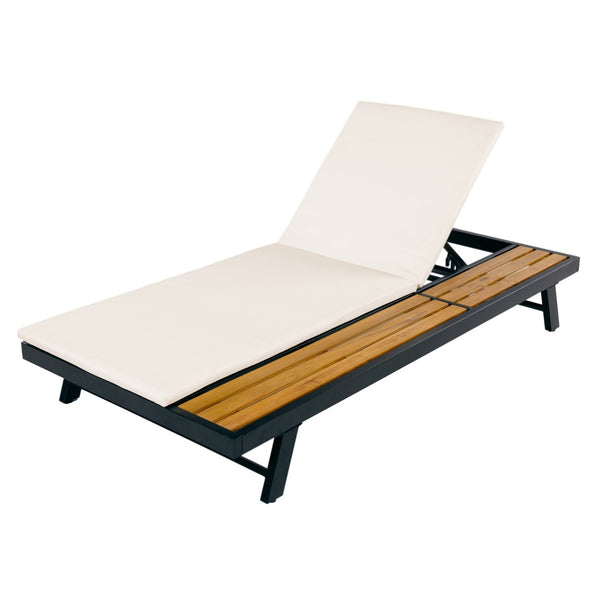 English Elm Black Iron Teak Acacia Outdoor Chaise Lounge with Adjustable Backrest for Poolside Patios Cream Cushion N770P469100B_N770P253018C
