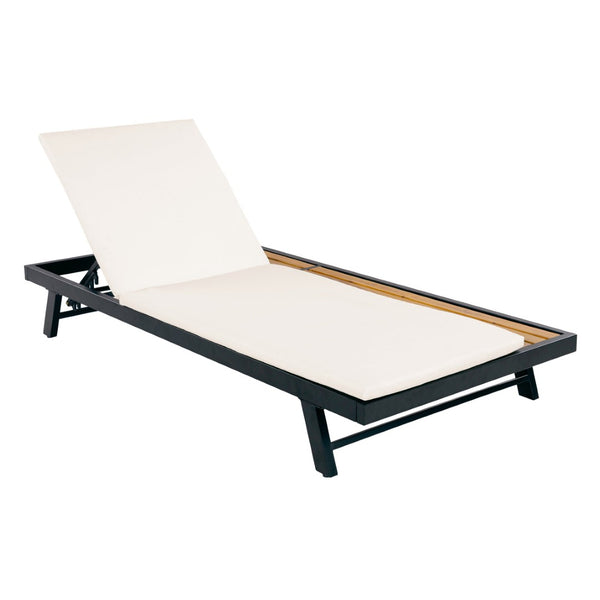English Elm Black Iron Teak Acacia Outdoor Chaise Lounge with Adjustable Backrest for Poolside Patios Cream Cushion N770P469100B_N770P253018C
