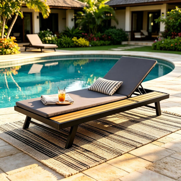 English Elm Black Iron Teak Acacia Outdoor Chaise Lounge with Adjustable Backrest for Poolside Patios Dark Grey Cushion N770P469100B_N770P253018G