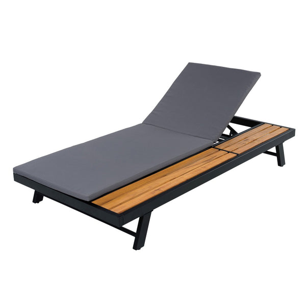 English Elm Black Iron Teak Acacia Outdoor Chaise Lounge with Adjustable Backrest for Poolside Patios Dark Grey Cushion N770P469100B_N770P253018G