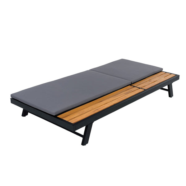 English Elm Black Iron Teak Acacia Outdoor Chaise Lounge with Adjustable Backrest for Poolside Patios Dark Grey Cushion N770P469100B_N770P253018G