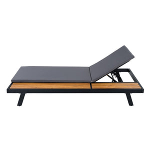 English Elm Black Iron Teak Acacia Outdoor Chaise Lounge with Adjustable Backrest for Poolside Patios Dark Grey Cushion N770P469100B_N770P253018G