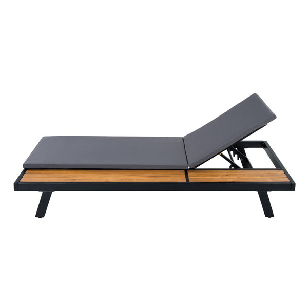 English Elm Black Iron Teak Acacia Outdoor Chaise Lounge with Adjustable Backrest for Poolside Patios Dark Grey Cushion N770P469100B_N770P253018G