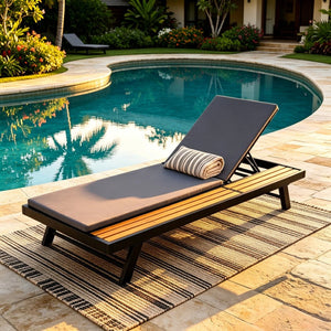 English Elm Black Iron Teak Acacia Outdoor Chaise Lounge with Adjustable Backrest for Poolside Patios Dark Grey Cushion N770P469100B_N770P253018G