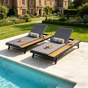 English Elm Black Iron Teak Acacia Outdoor Chaise Lounge with Adjustable Backrest for Poolside Patios Dark Grey Cushion N770P469100B_N770P253018G