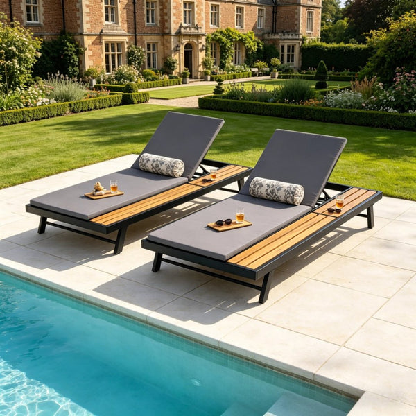 English Elm Black Iron Teak Acacia Outdoor Chaise Lounge with Adjustable Backrest for Poolside Patios Dark Grey Cushion N770P469100B_N770P253018G