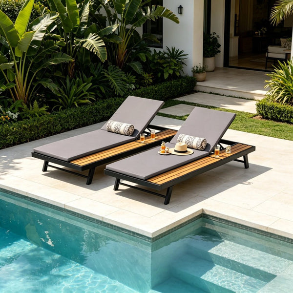 English Elm Black Iron Teak Acacia Outdoor Chaise Lounge with Adjustable Backrest for Poolside Patios Dark Grey Cushion N770P469100B_N770P253018G