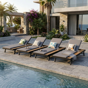 English Elm Black Iron Teak Acacia Outdoor Chaise Lounge with Adjustable Backrest for Poolside Patios Dark Grey Cushion N770P469100B_N770P253018G