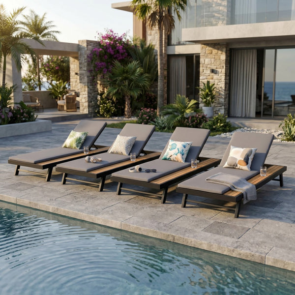 English Elm Black Iron Teak Acacia Outdoor Chaise Lounge with Adjustable Backrest for Poolside Patios Dark Grey Cushion N770P469100B_N770P253018G