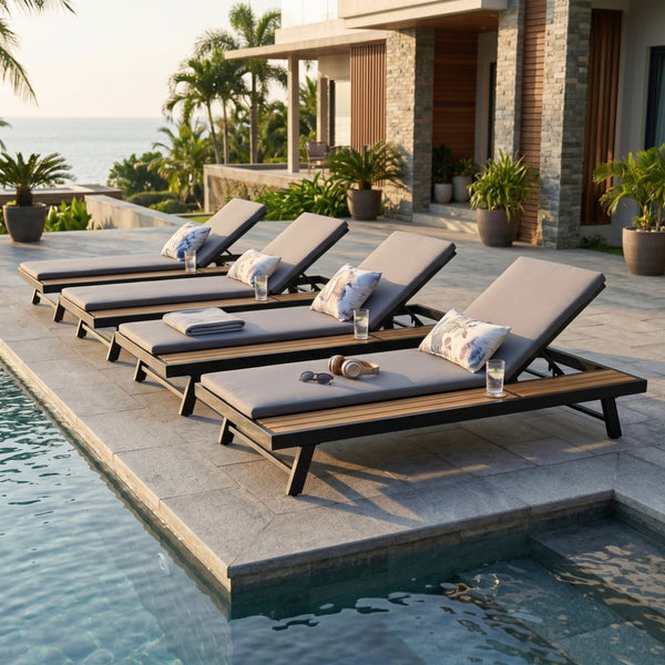 English Elm Black Iron Teak Acacia Outdoor Chaise Lounge with Adjustable Backrest for Poolside Patios Dark Grey Cushion N770P469100B_N770P253018G