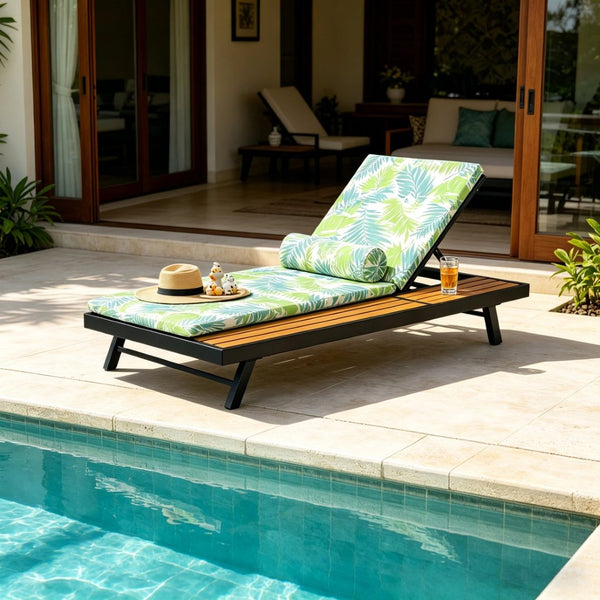 English Elm Black Iron Teak Acacia Outdoor Chaise Lounge with Adjustable Backrest for Poolside Patios Leaf Coconut Cushion N770P469100B_N770P253018L
