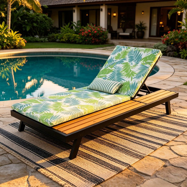 English Elm Black Iron Teak Acacia Outdoor Chaise Lounge with Adjustable Backrest for Poolside Patios Leaf Coconut Cushion N770P469100B_N770P253018L