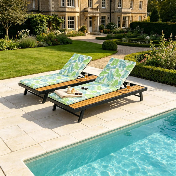 English Elm Black Iron Teak Acacia Outdoor Chaise Lounge with Adjustable Backrest for Poolside Patios Leaf Coconut Cushion N770P469100B_N770P253018L