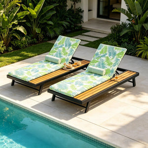 English Elm Black Iron Teak Acacia Outdoor Chaise Lounge with Adjustable Backrest for Poolside Patios Leaf Coconut Cushion N770P469100B_N770P253018L