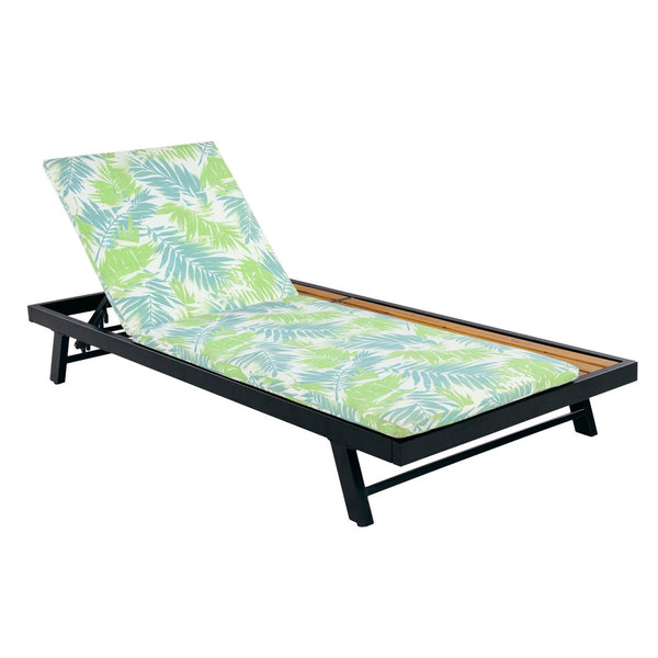 English Elm Black Iron Teak Acacia Outdoor Chaise Lounge with Adjustable Backrest for Poolside Patios Leaf Coconut Cushion N770P469100B_N770P253018L