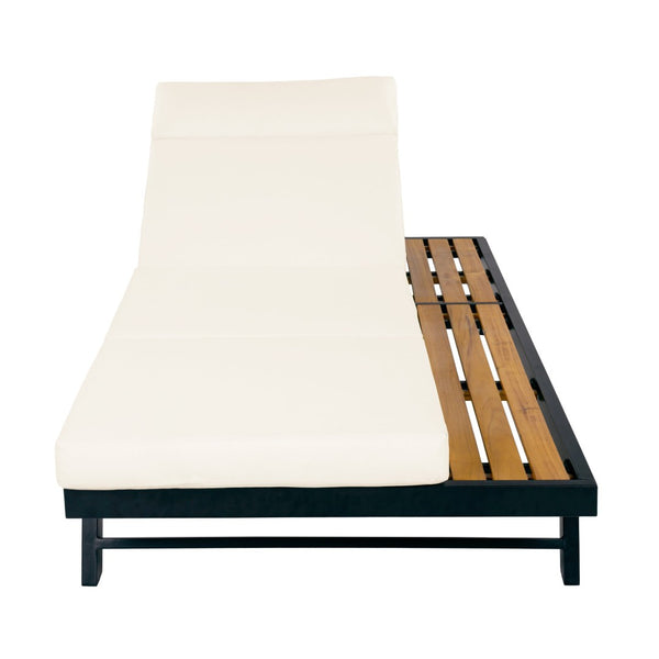 English Elm Black Iron and Teak Acacia Outdoor Chaise Lounge with Cushion for Patio Relaxation N770P469100B_N770P285267B