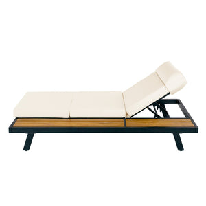 English Elm Black Iron and Teak Acacia Outdoor Chaise Lounge with Cushion for Patio Relaxation N770P469100B_N770P285267B