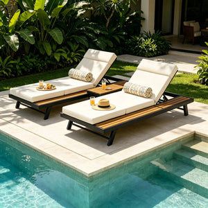 English Elm Black Iron and Teak Acacia Outdoor Chaise Lounge with Cushion for Patio Relaxation N770P469100B_N770P285267B