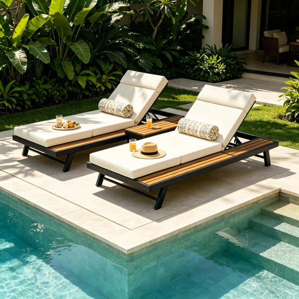 English Elm Black Iron and Teak Acacia Outdoor Chaise Lounge with Cushion for Patio Relaxation N770P469100B_N770P285267B