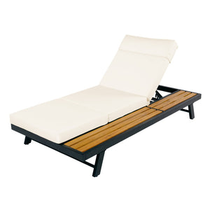 English Elm Black Iron and Teak Acacia Outdoor Chaise Lounge with Cushion for Patio Relaxation N770P469100B_N770P285267B