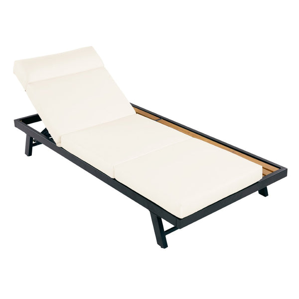English Elm Black Iron and Teak Acacia Outdoor Chaise Lounge with Cushion for Patio Relaxation N770P469100B_N770P285267B