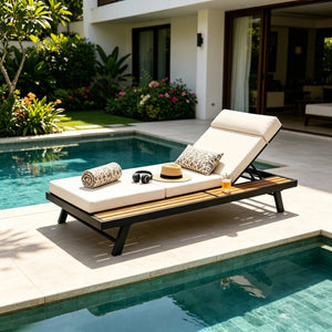 English Elm Black Iron and Acacia Teak Outdoor Chaise Lounge with Cushion for Patio Resort Style Cream N770P469100B_N770P285267C